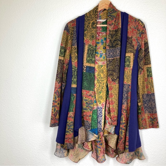 Soft Surroundings Izmir topper Cardigan M Open front Cascade Waterfall Patchwork - Picture 4 of 16